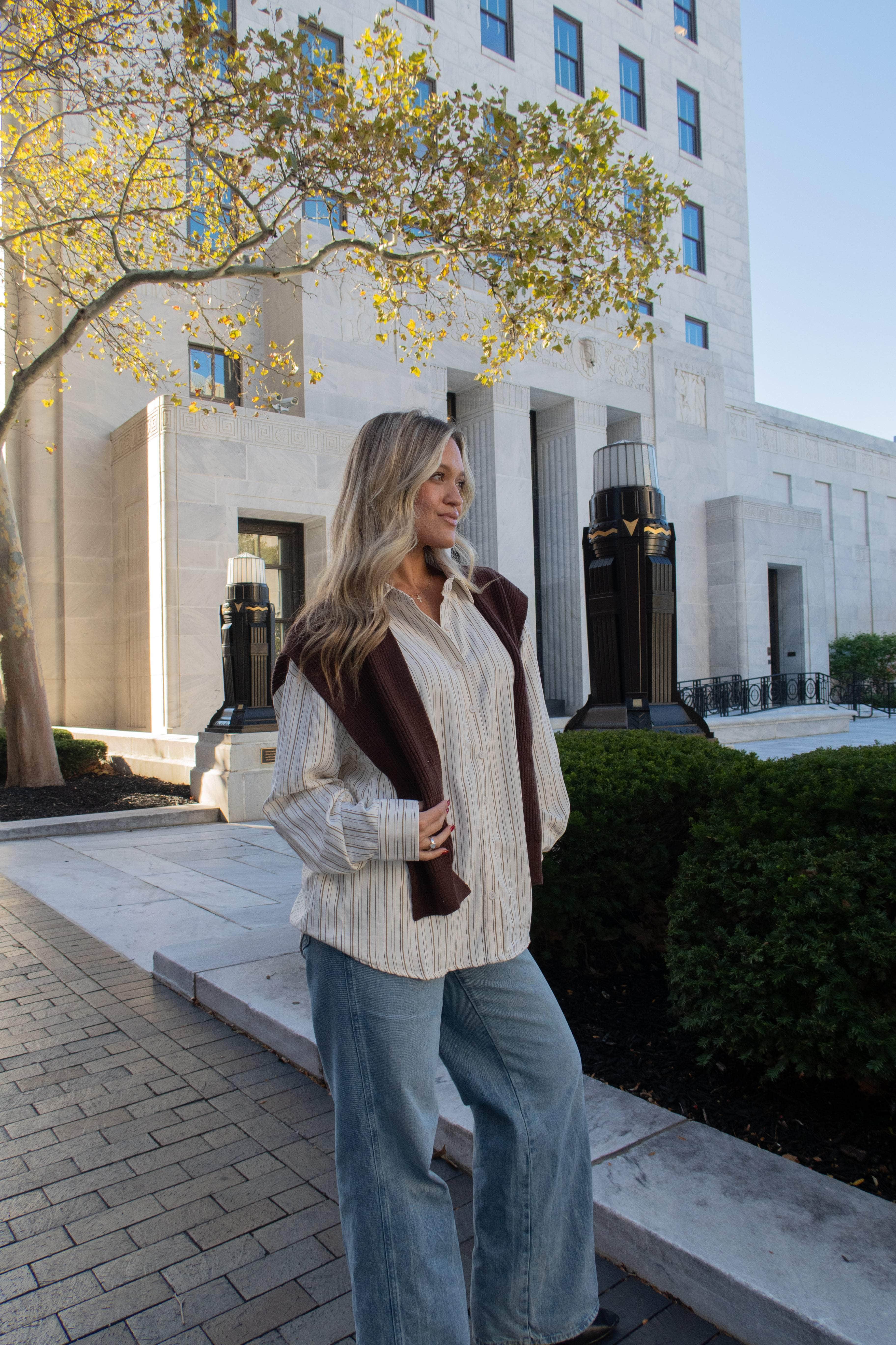 Cream Striped Button Up With Sweater