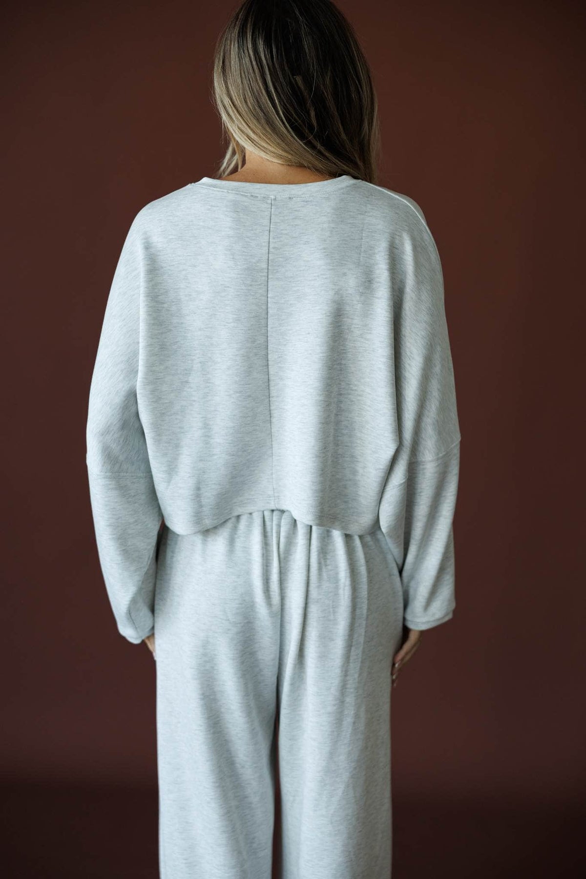 Cropped Scuba Dolman Top in ash grey, back view showing the boxy cropped scuba knit