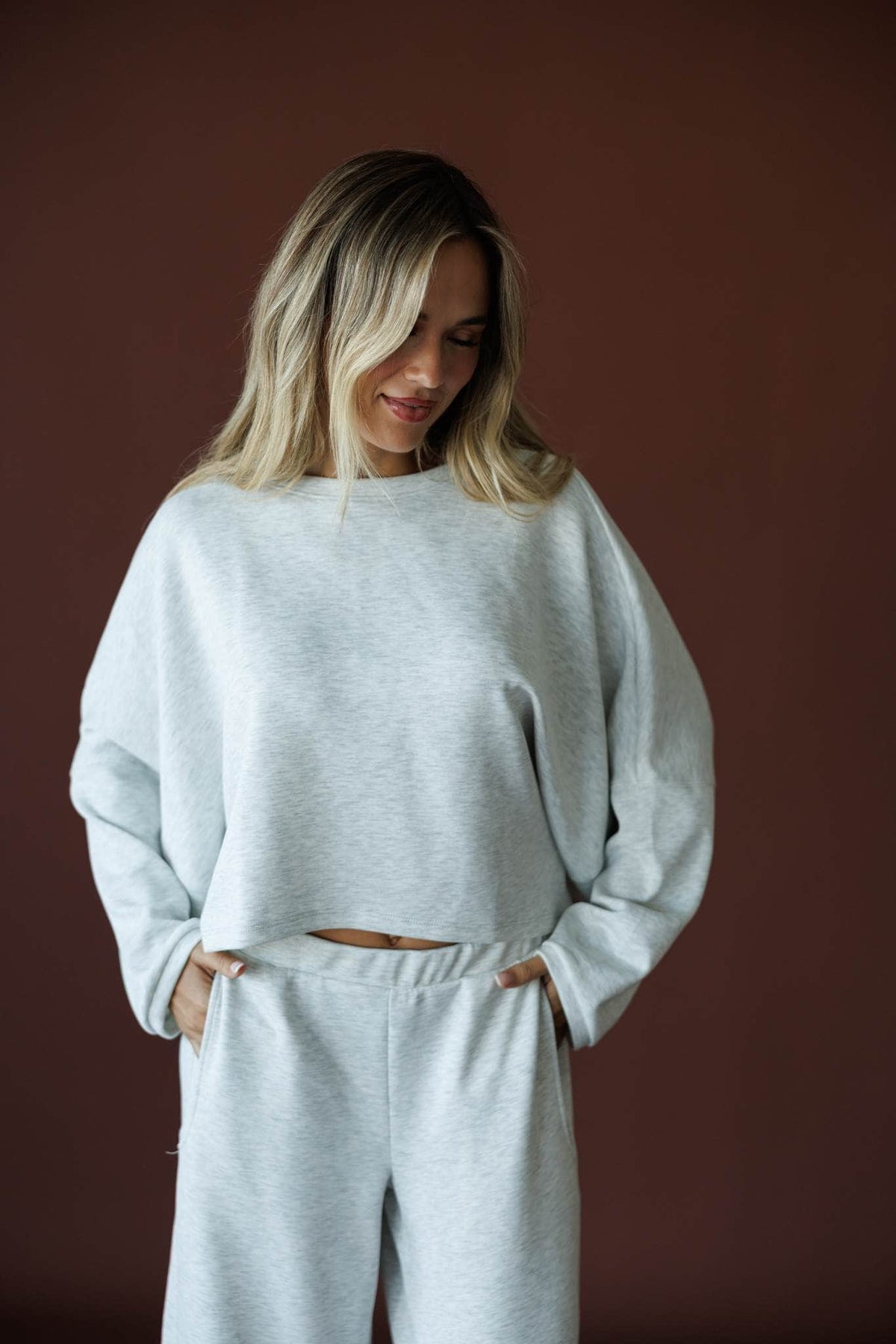 Cropped Scuba Dolman Top in ash grey, full-length view with the matching wide leg pants