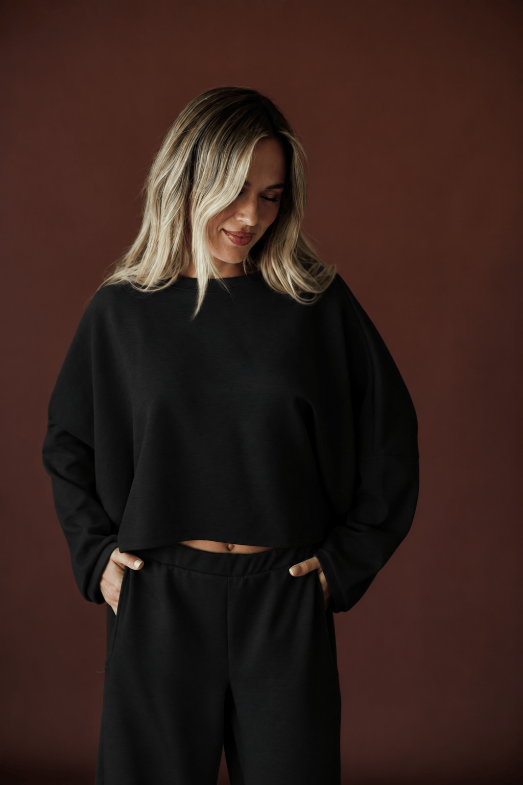 Cropped Scuba Dolman Top in black, full-length view with the matching wide leg pants