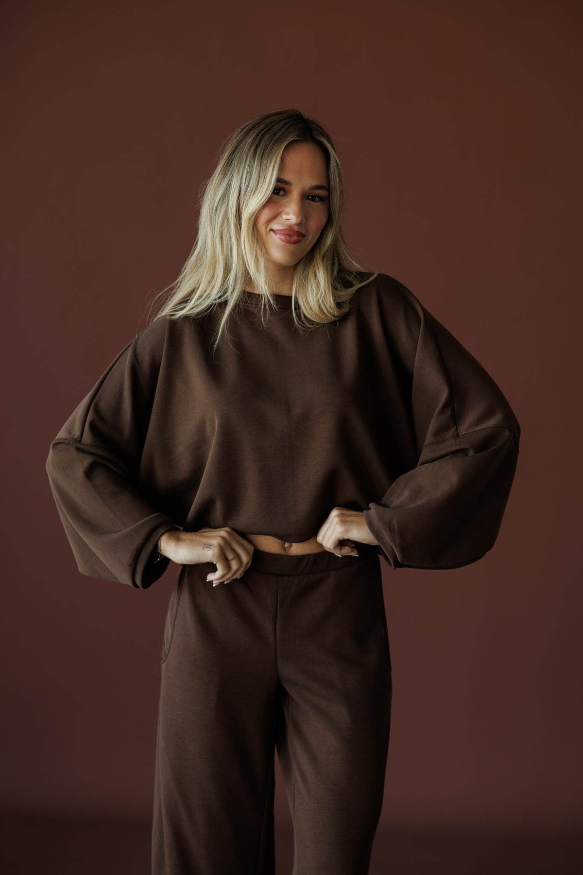 Cropped Scuba Dolman Top in brown, full-length view with the matching wide leg pants