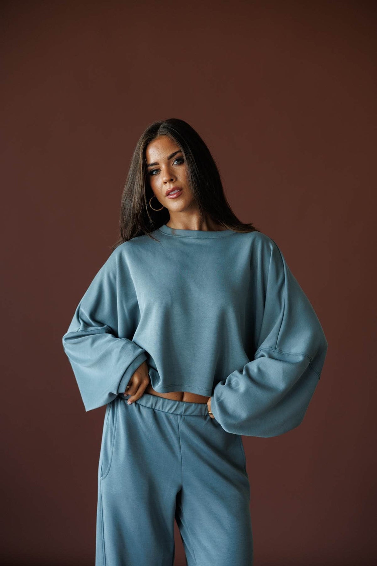 Cropped Scuba Dolman Top in charcoal, full-length view with the matching wide leg pants