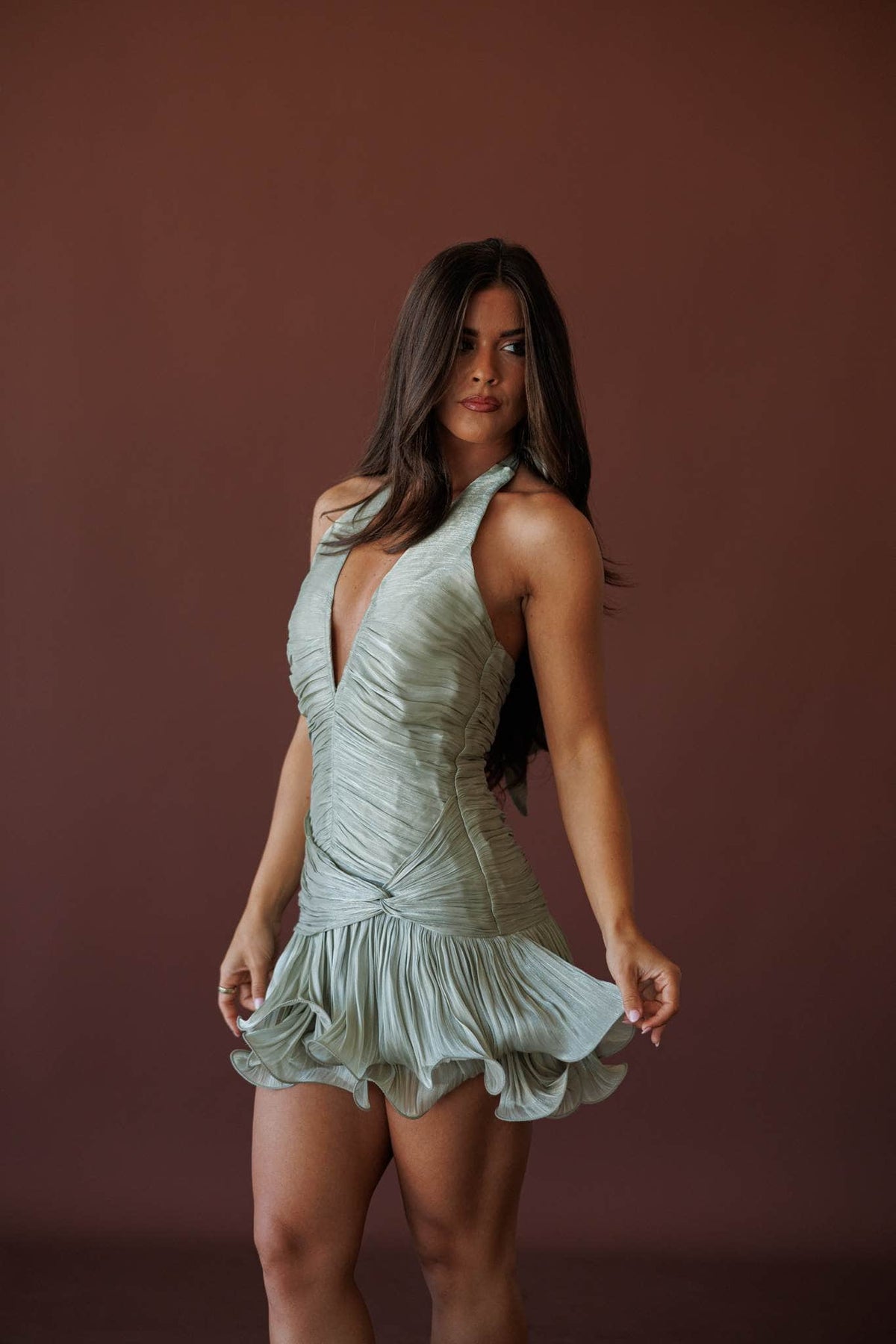 Dancing Till Sunrise Dress, in olive, three-quarter view of the ruched bodice