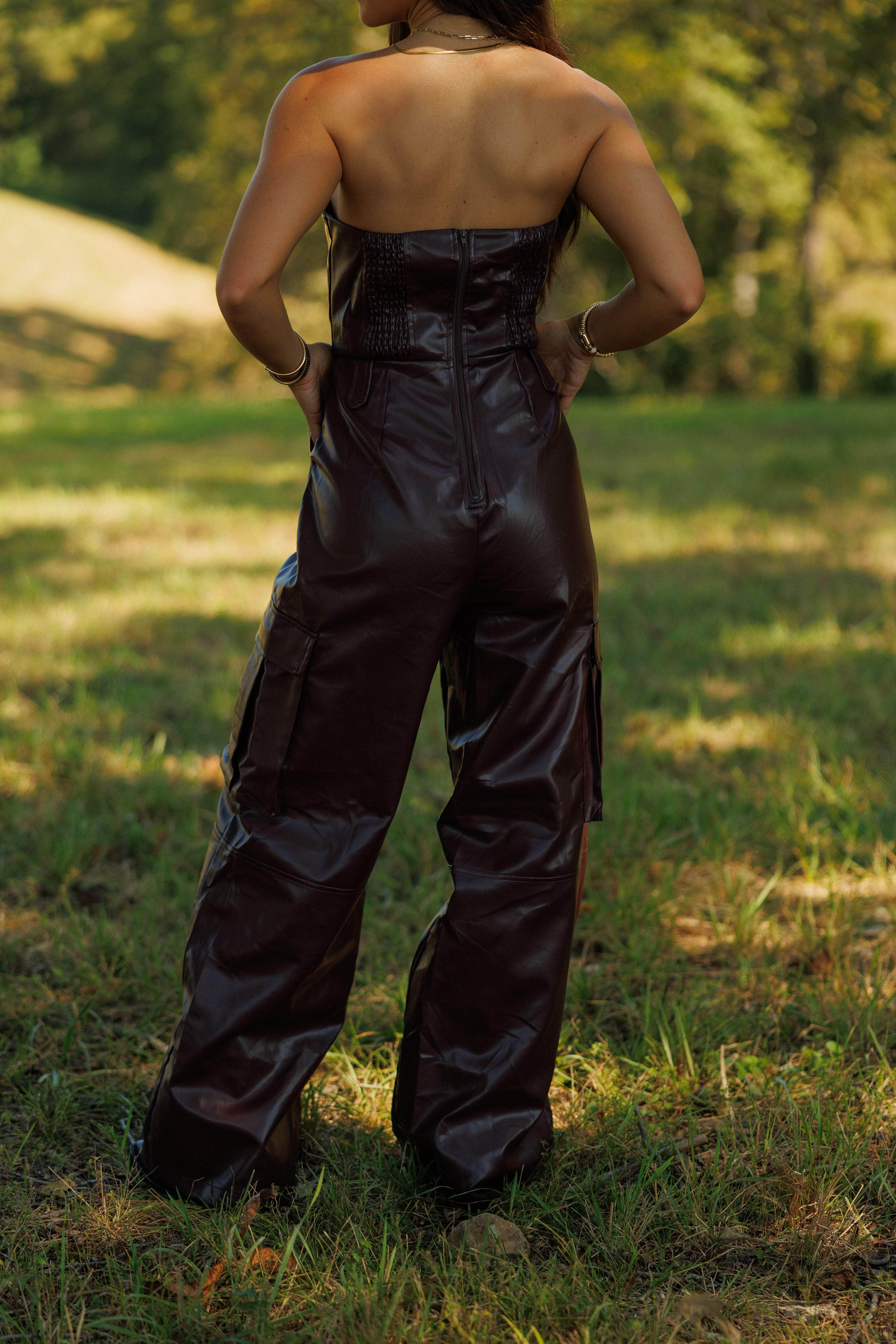 Burgundy Leather Jumpsuit | Women's Strapless Jumpsuit | Lane 201