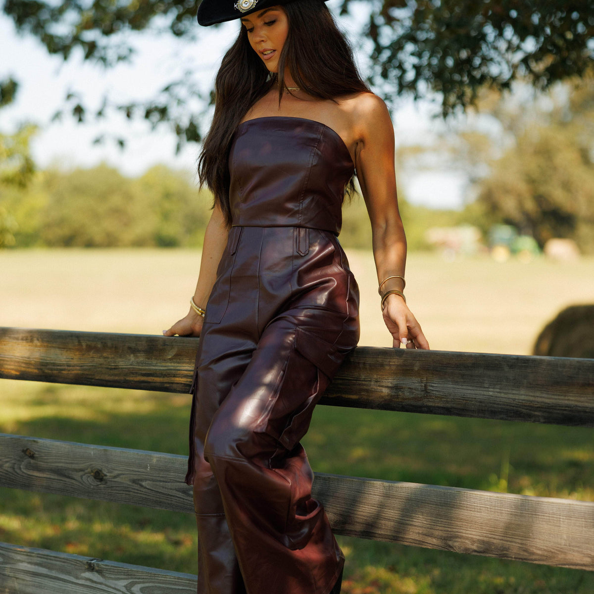 Trendy, Chic Women's Clothing Boutique Fore Collection Dark Burgundy Leather Jumpsuit for Women, Strapless Design, Rear Zipper Closure, Faux Leather, Trendy, Chic Women's Clothing Boutique Fore Collection Dark Burgundy Leather Jumpsuit for Women, Strapless Design, Rear Zipper Closure, Faux Leather,