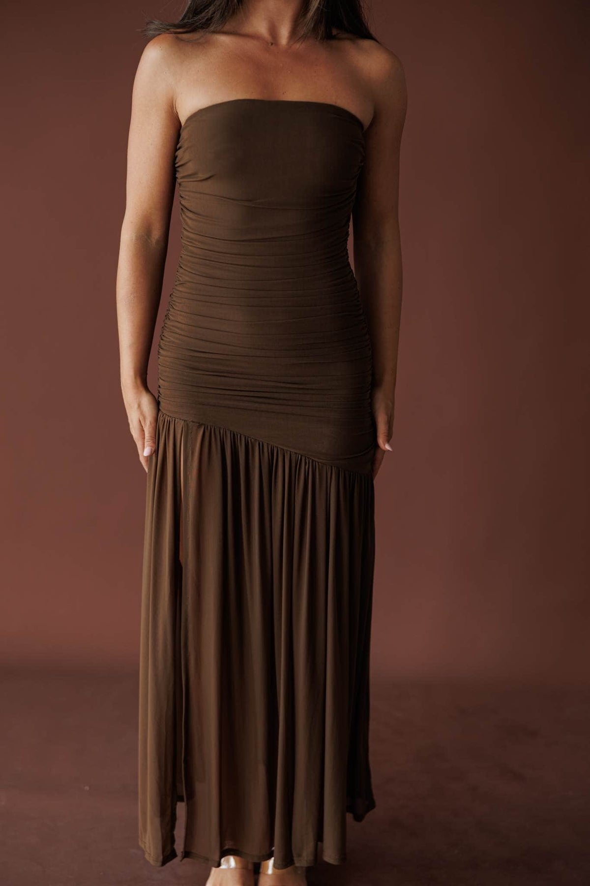 Close front view of the mocha mesh ruching and gathered skirt
