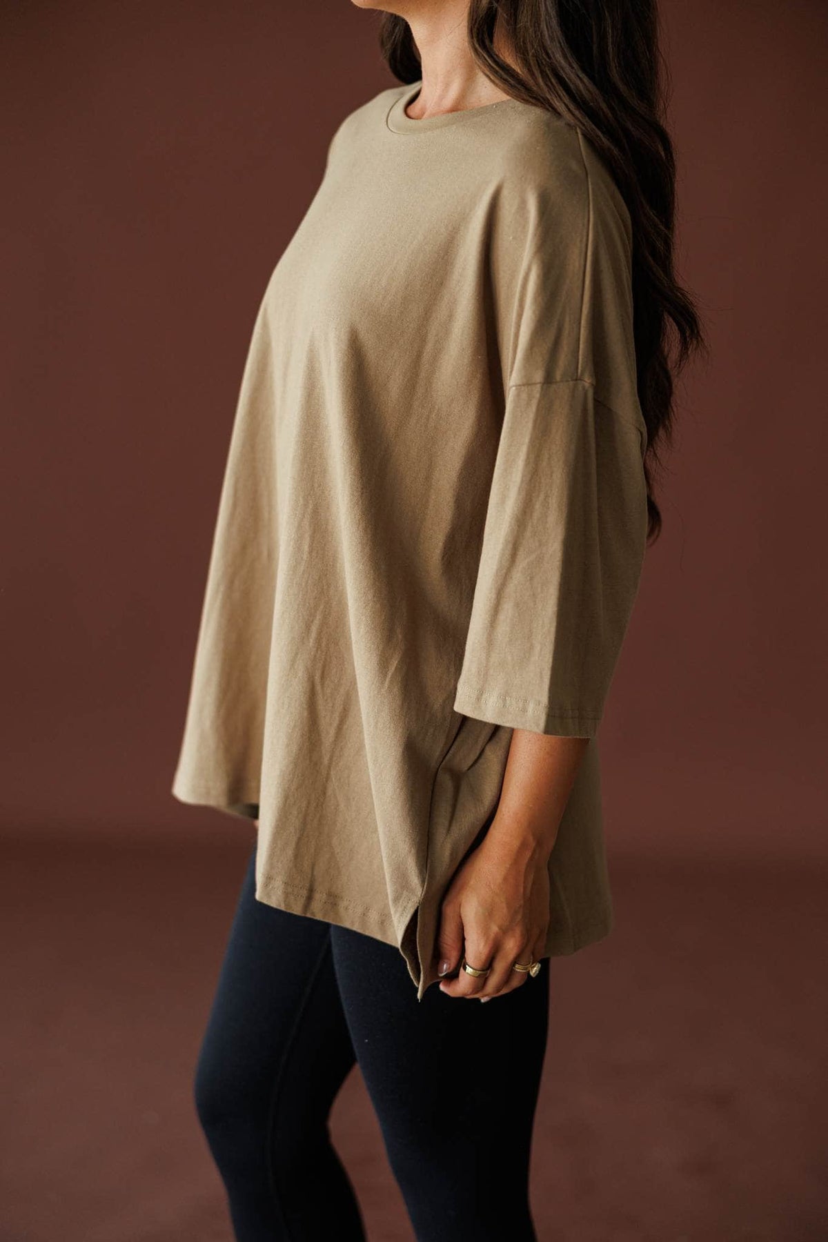 Day To Day Oversized Tee in khaki, side view showing the oversized tee and wide sleeve