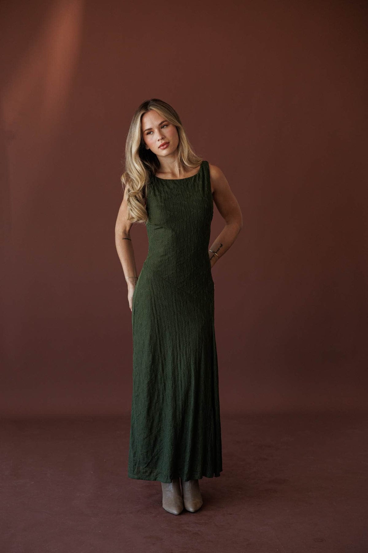 Evergreen Evening Maxi Dress, full-length view of the pleating