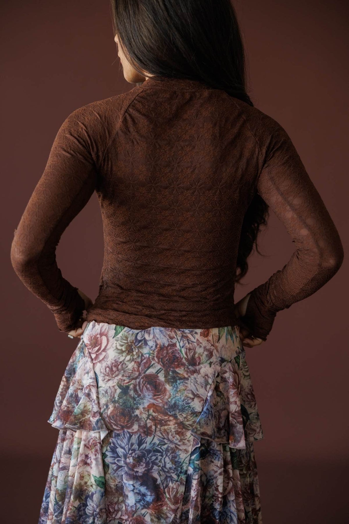 Delicate Matter Lace Top in chocolate, back view showing the fitted lace knit