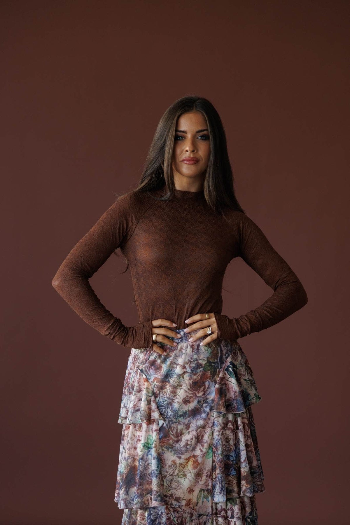 Delicate Matter Lace Top in chocolate, full-length view with a tiered floral midi skirt