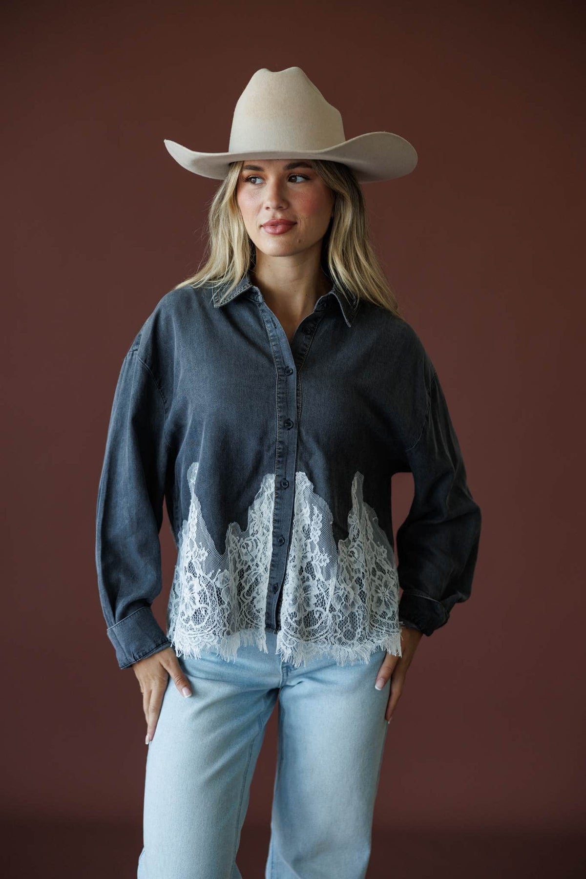 Denim And Delicate Top in black chambray, full-length view with a cream hat and light jeans