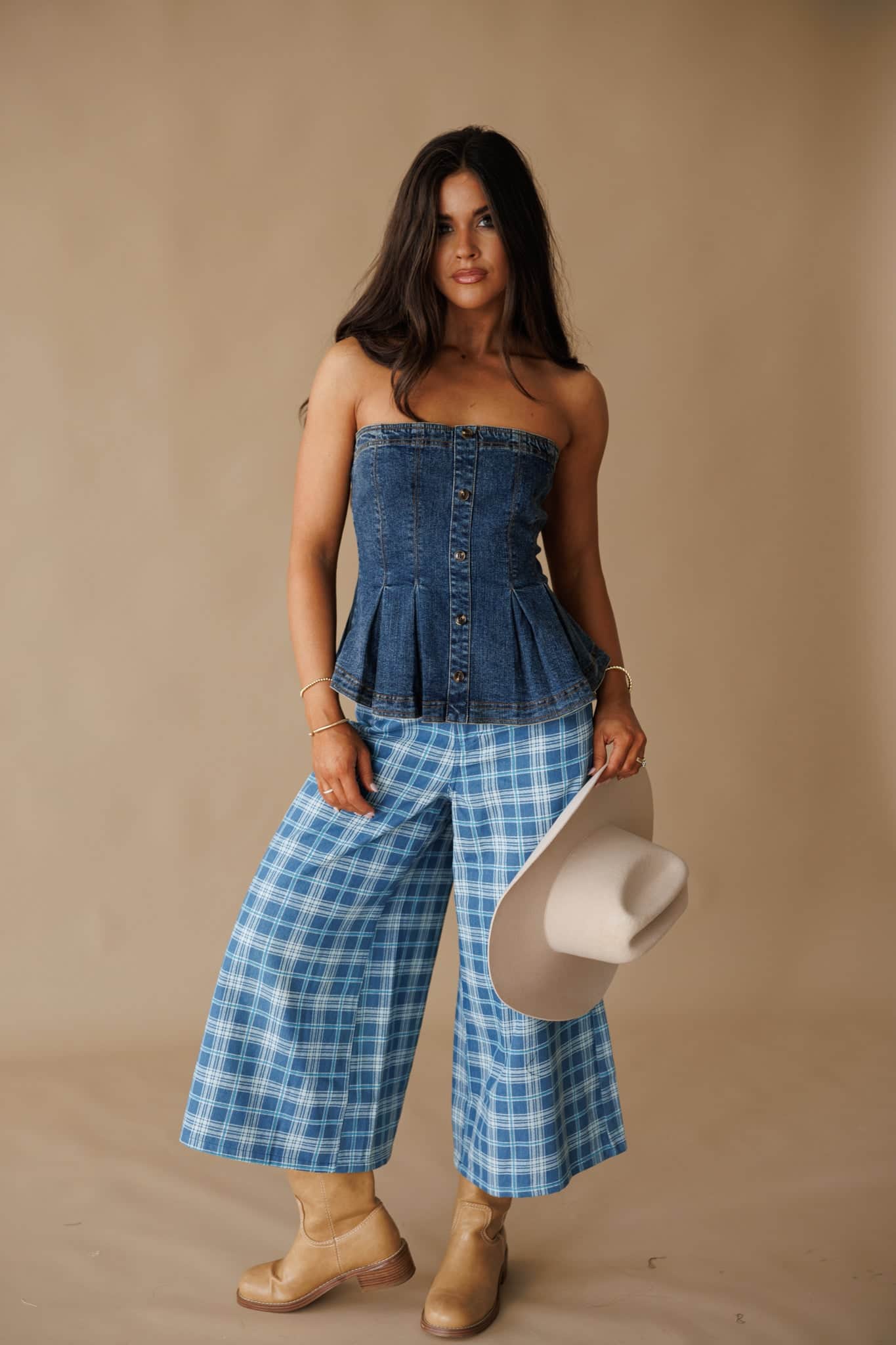 Denim Pleated Peplum Top