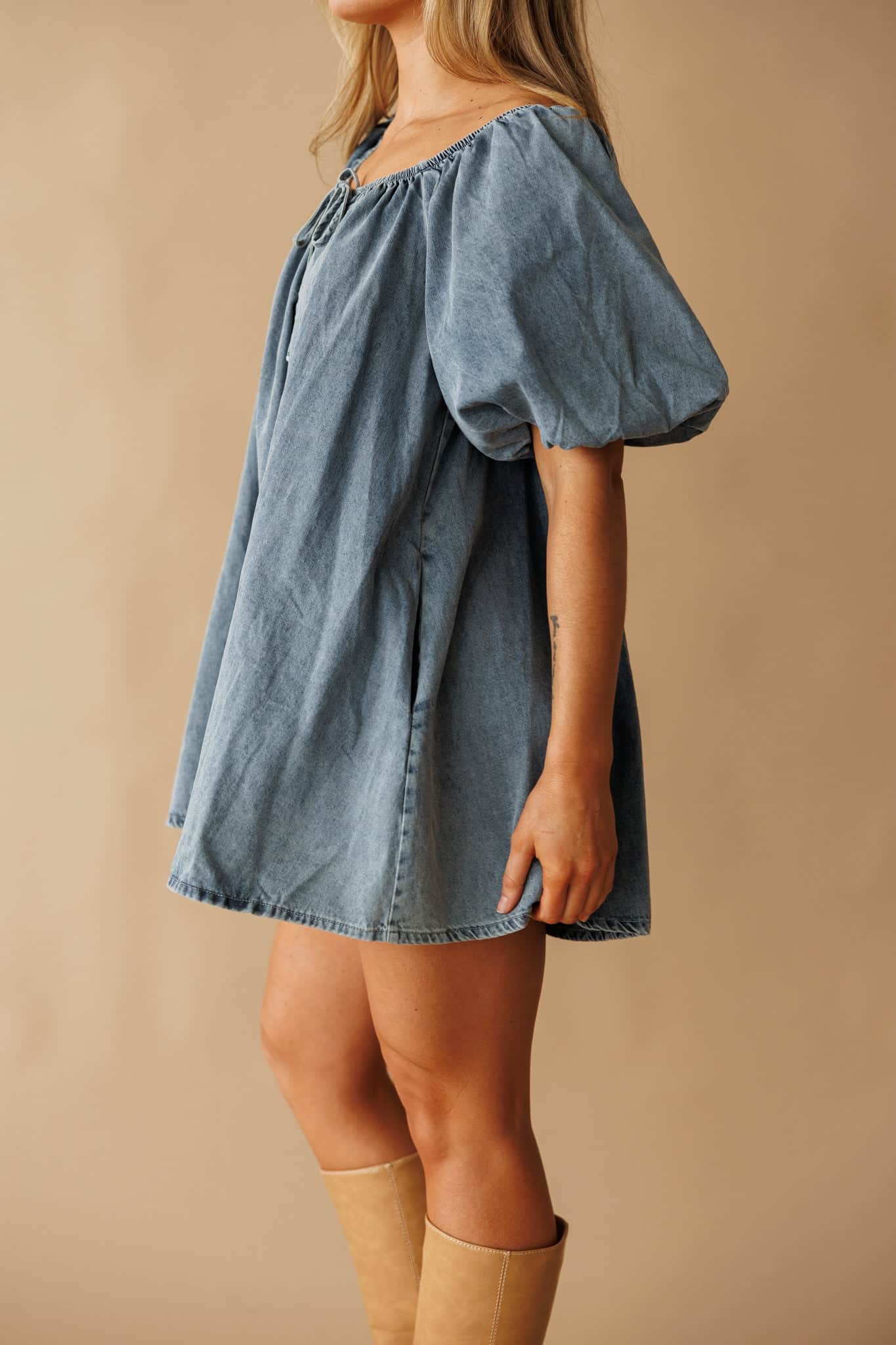 Denim Puff Sleeve Babydoll Romper