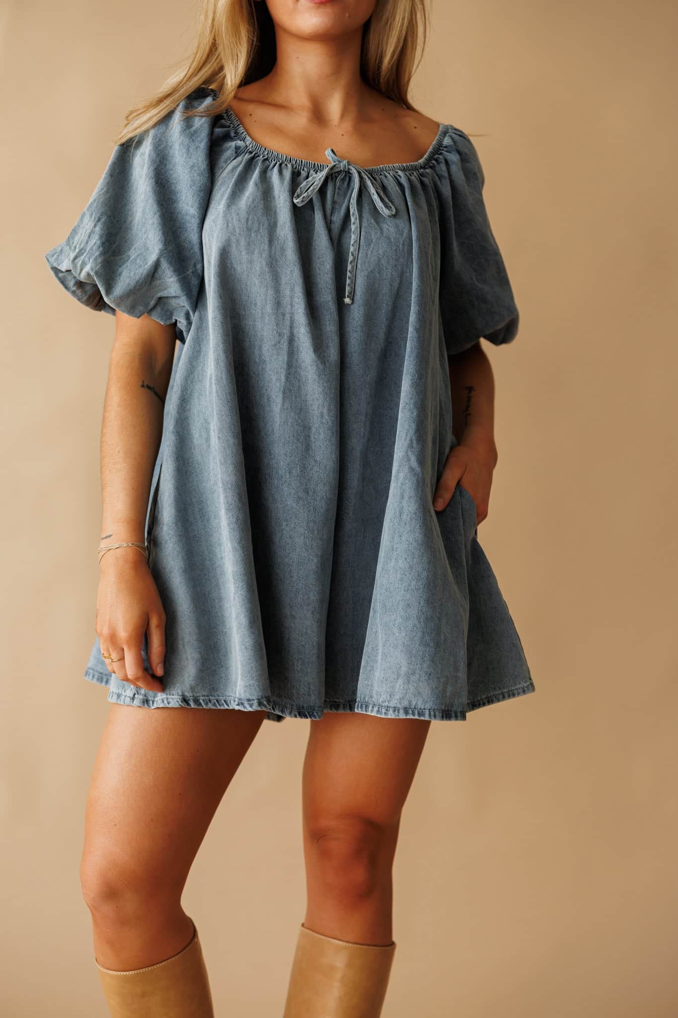 Denim Puff Sleeve Babydoll Romper