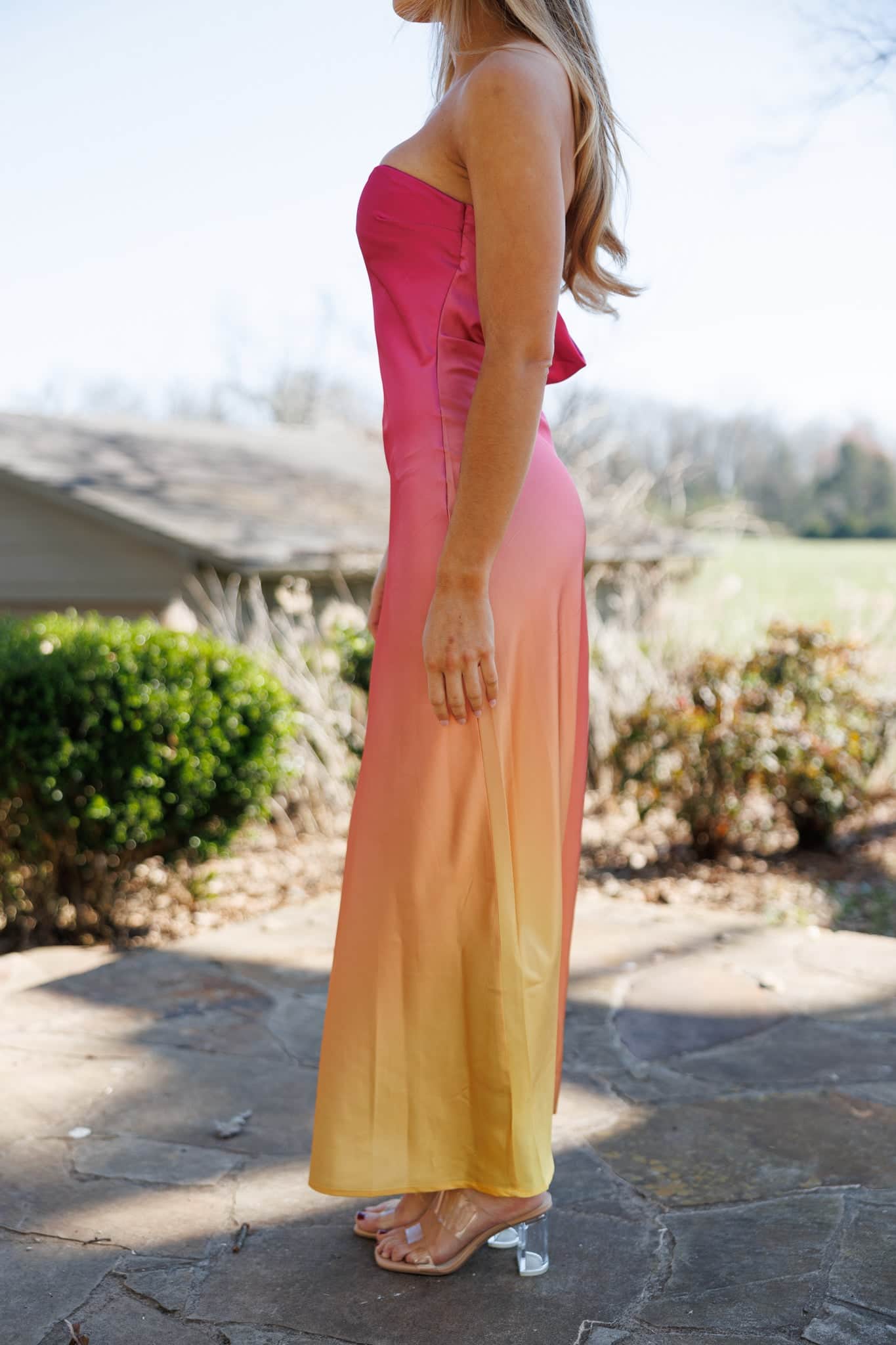 sunset orange dress Trendy, Chic Women's Clothing Boutique Fore Collection Strapless Elastic Clasp Back Maxi Dress, Pink Ombre, Female, Size L Lane 201
