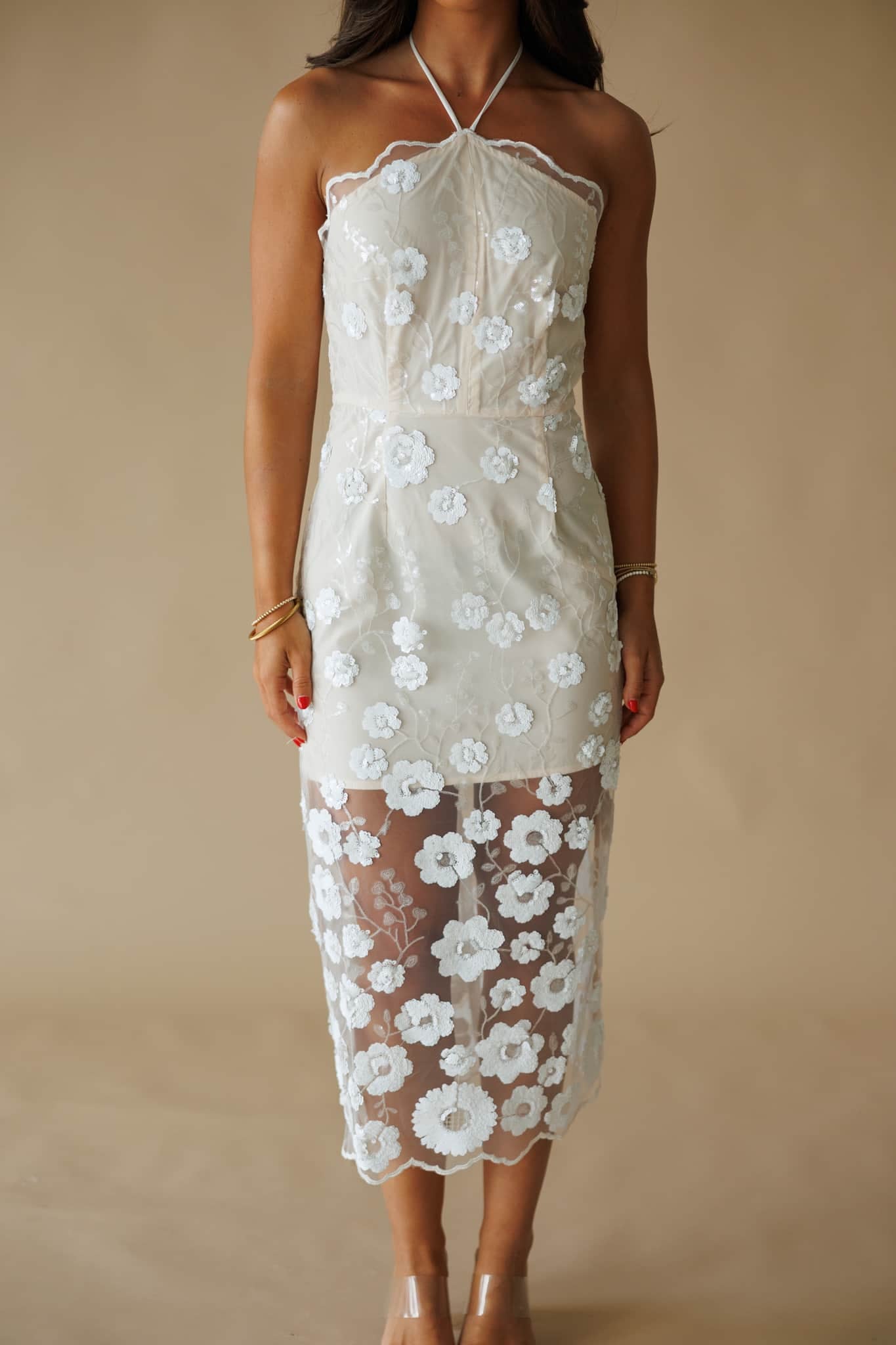 Floral Sequin Mesh Midi Dress