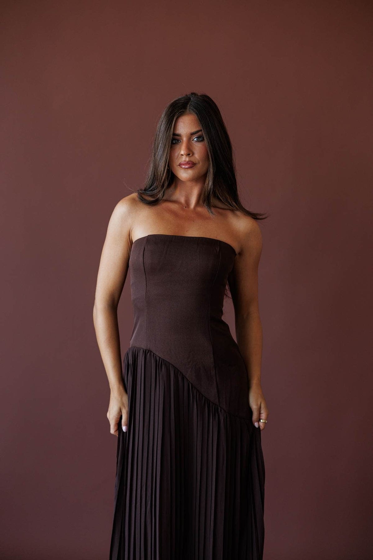 Cocoa Nights Strapless Maxi Dress, front view of the straight neckline