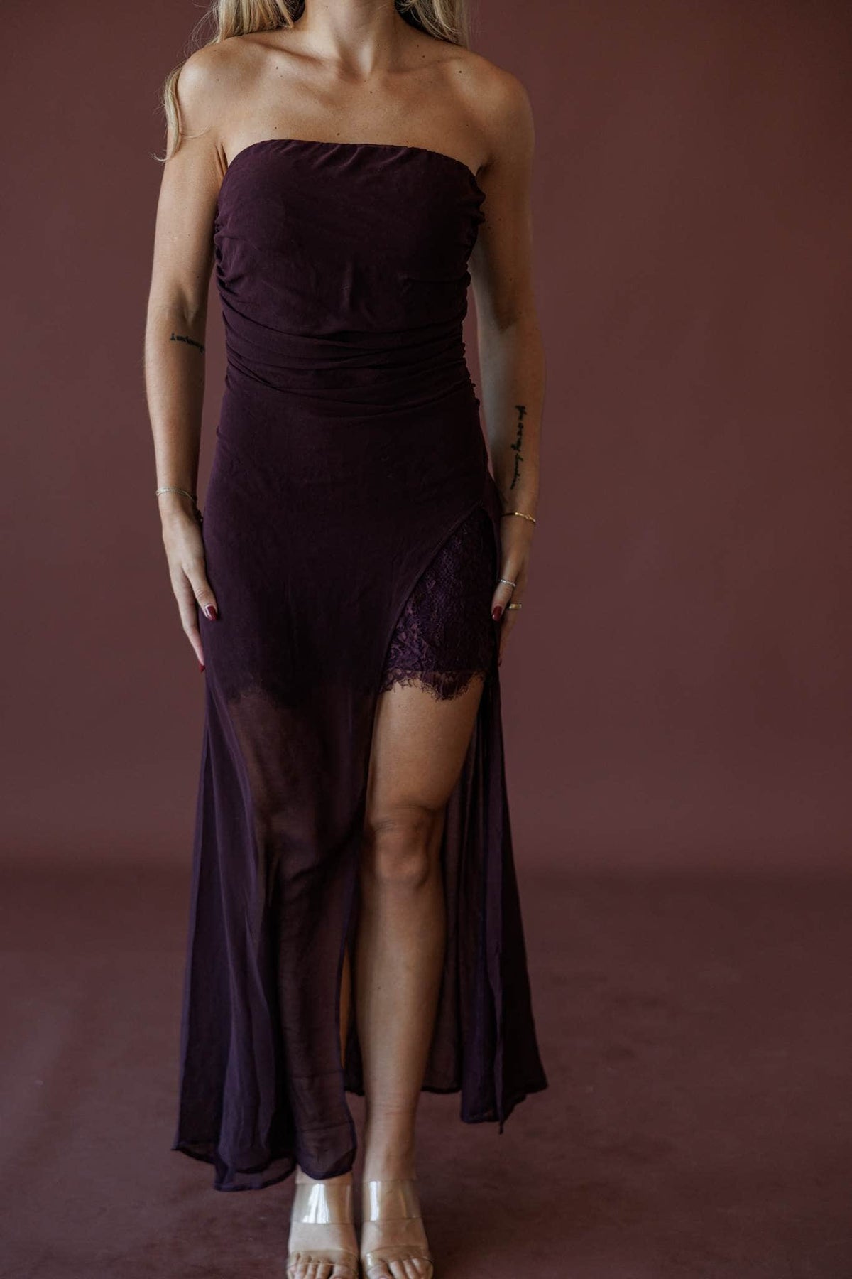 Last Call Shirred Maxi Dress, front view of the gathered bodice