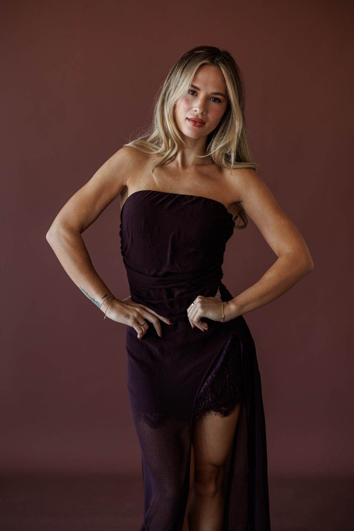 Last Call Shirred Maxi Dress, front view of the shirred bodice and high slit