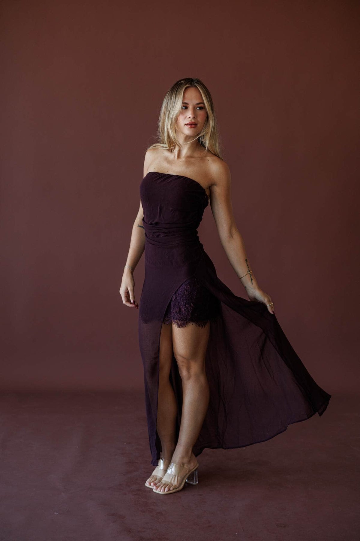 Last Call Shirred Maxi Dress, full-length view with the skirt in motion