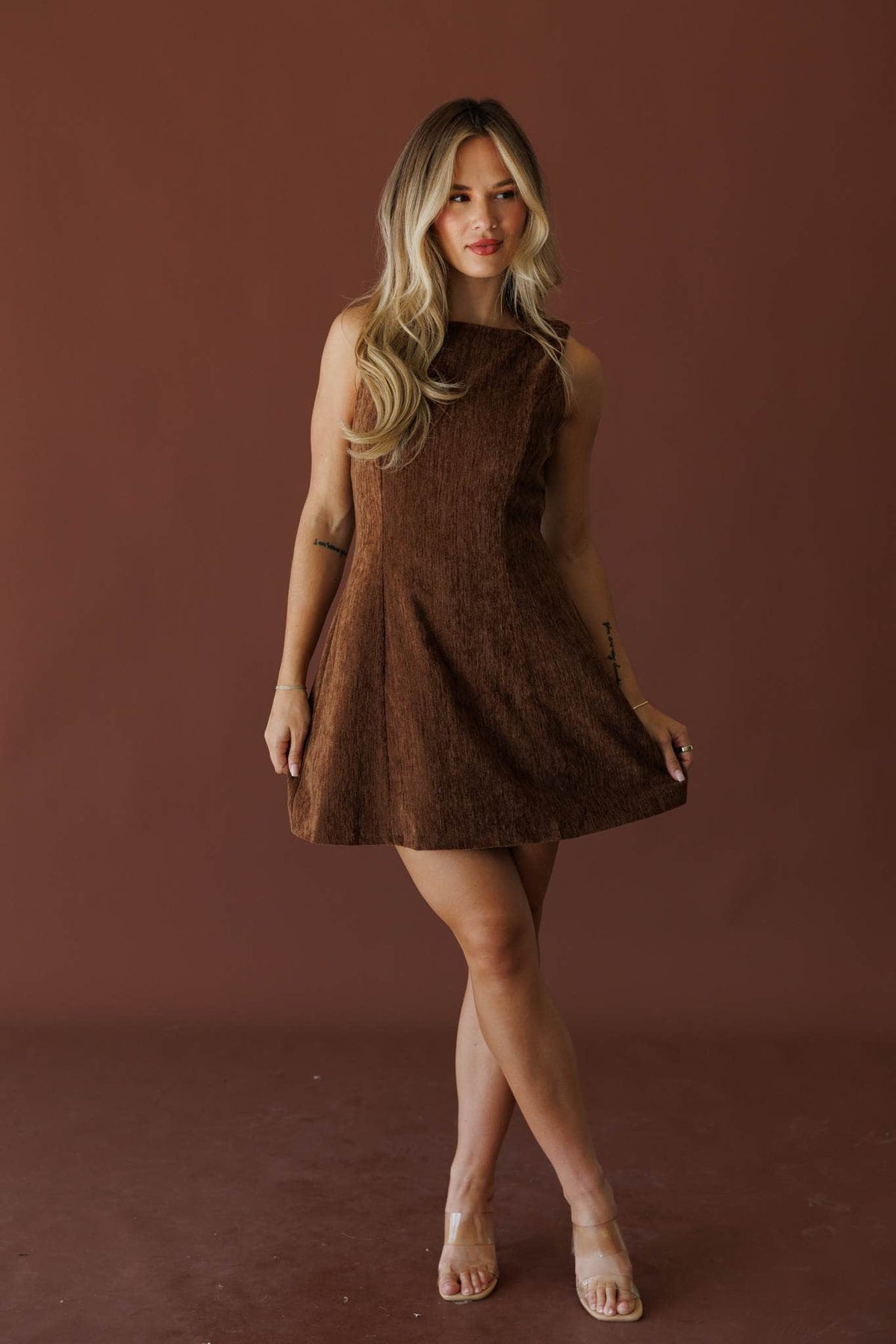 Brown velvet mini dress