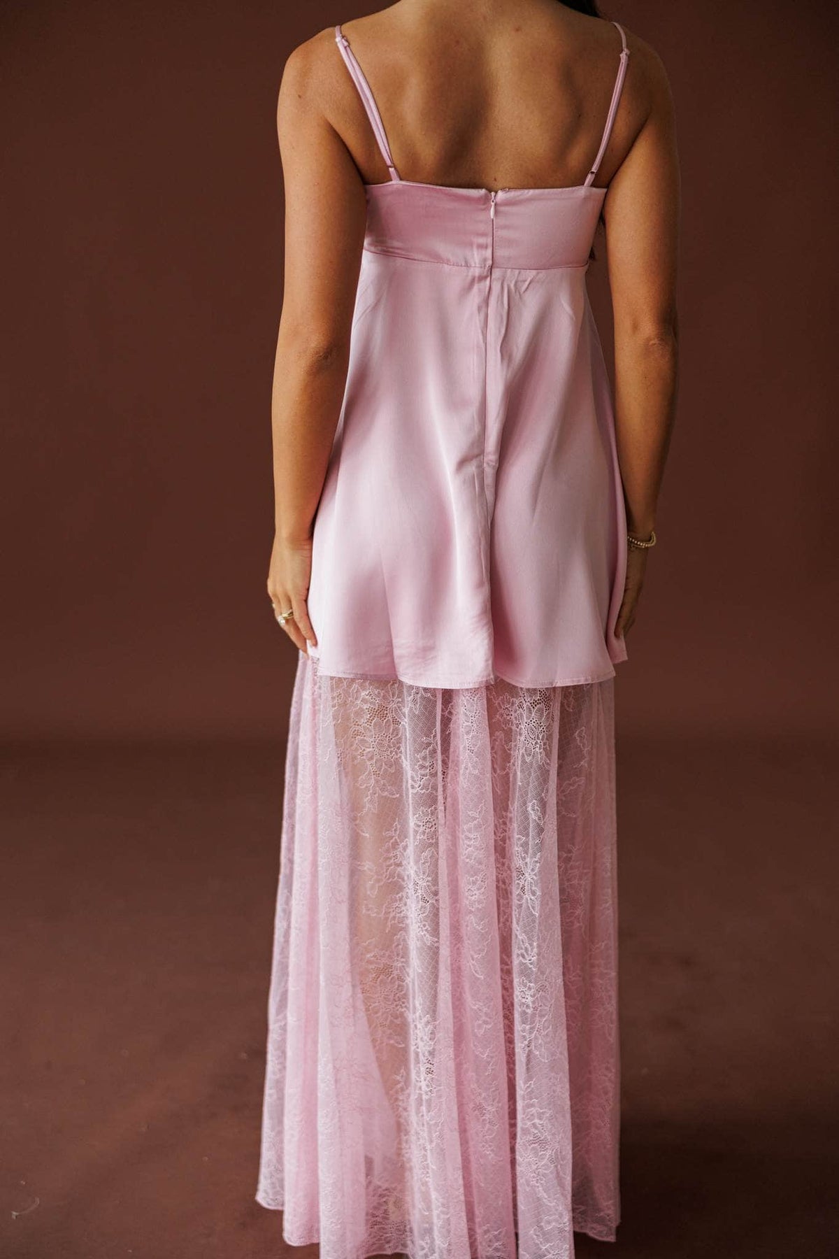 Save The Date Satin Maxi Dress in pink, back view showing the open back and straps