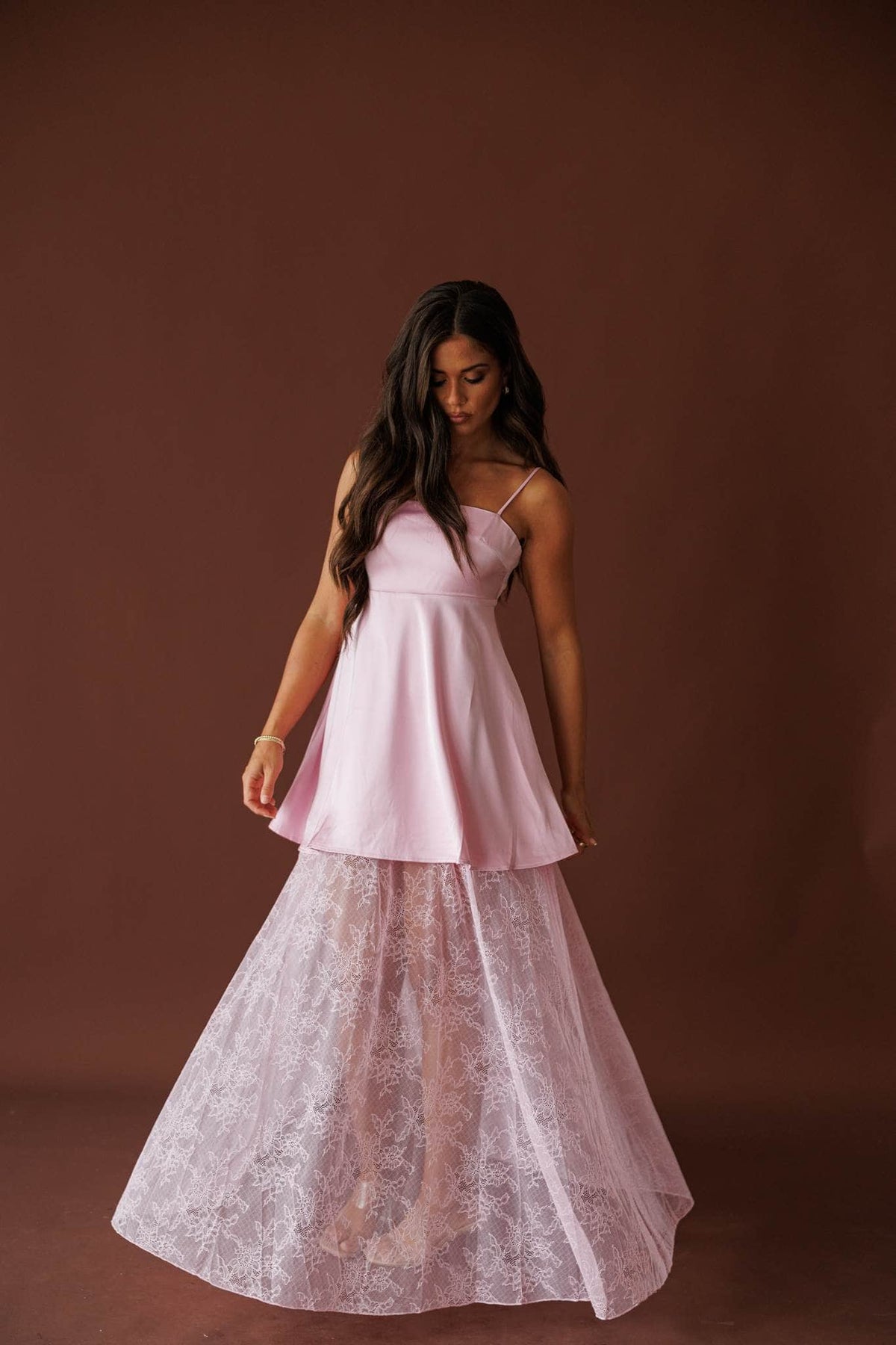 Save The Date Satin Maxi Dress in pink, front view with the lace maxi skirt flared