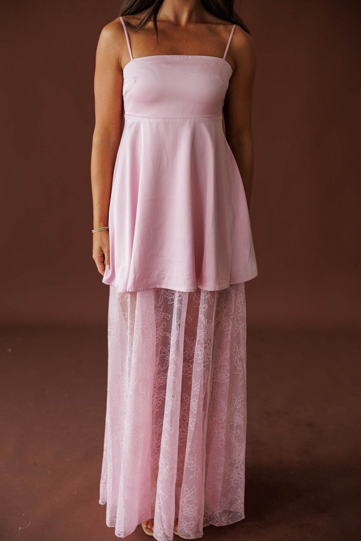 Save The Date Satin Maxi Dress in pink, full-length front view of the satin bodice and sheer lace skirt