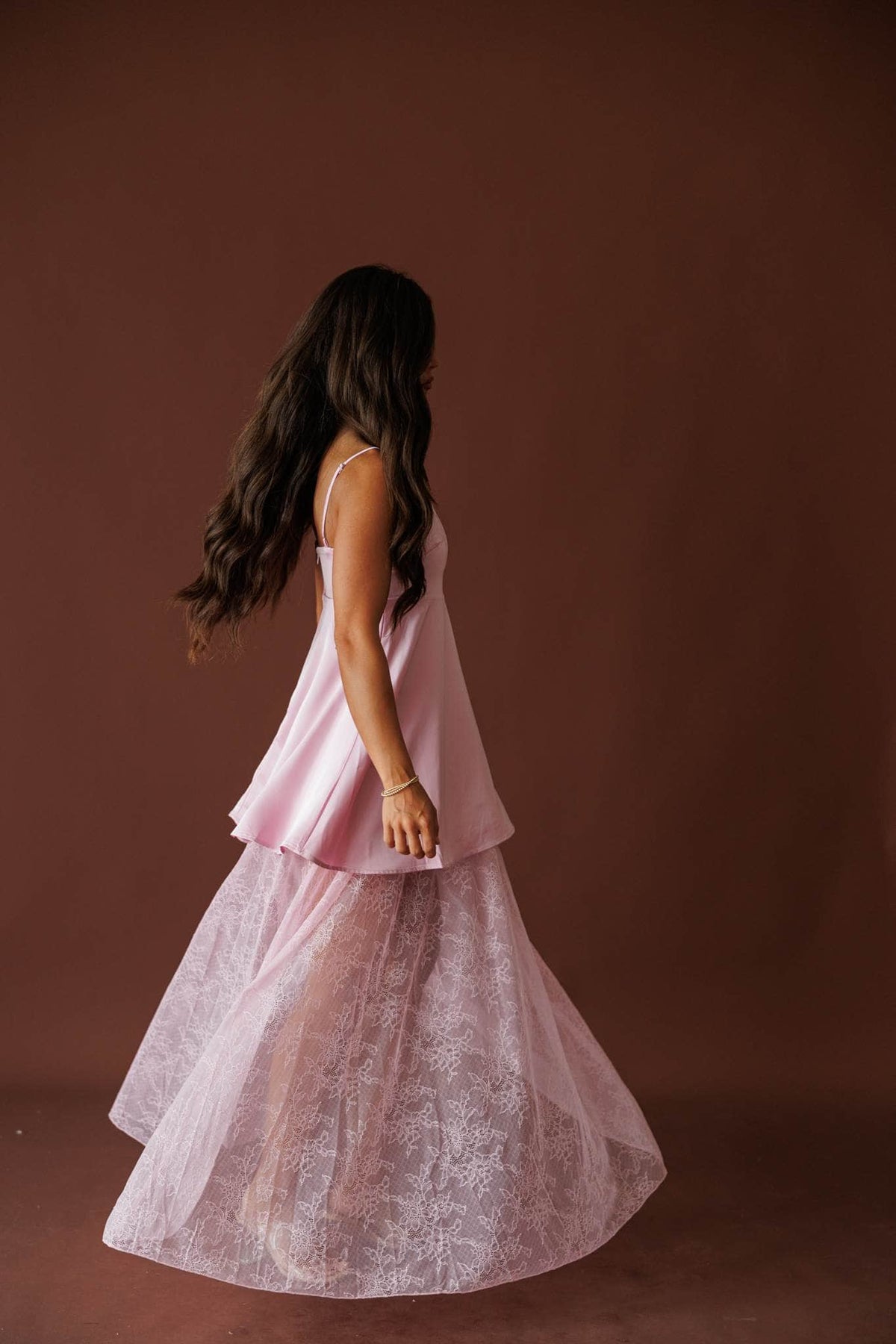 Save The Date Satin Maxi Dress in pink, three-quarter back view with the skirt swept out
