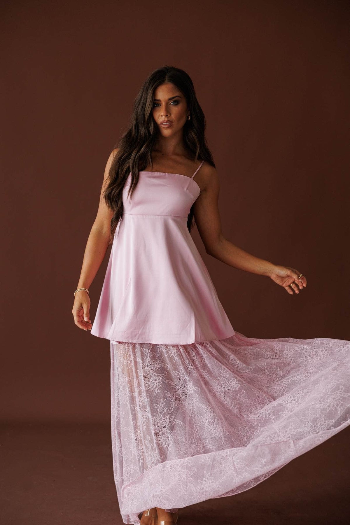 Save The Date Satin Maxi Dress in pink, full-length front view with the lace overlay in motion