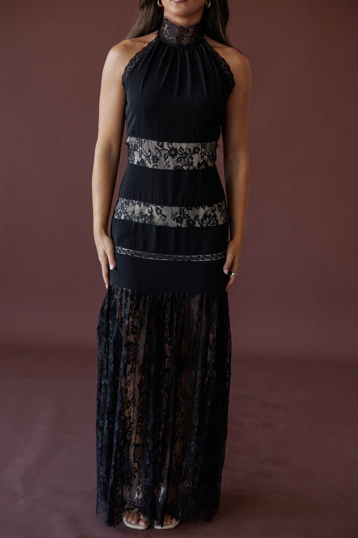 Midnight Lace Halter Maxi Dress, front view of the lace skirt