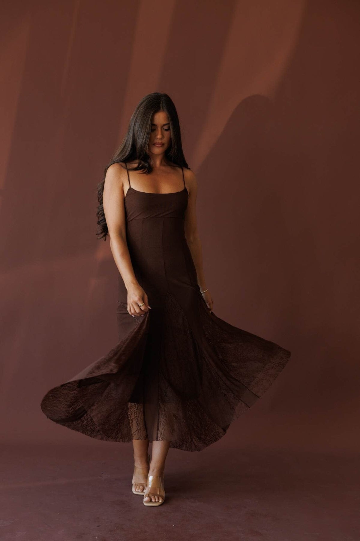 Brown midi dress, front view