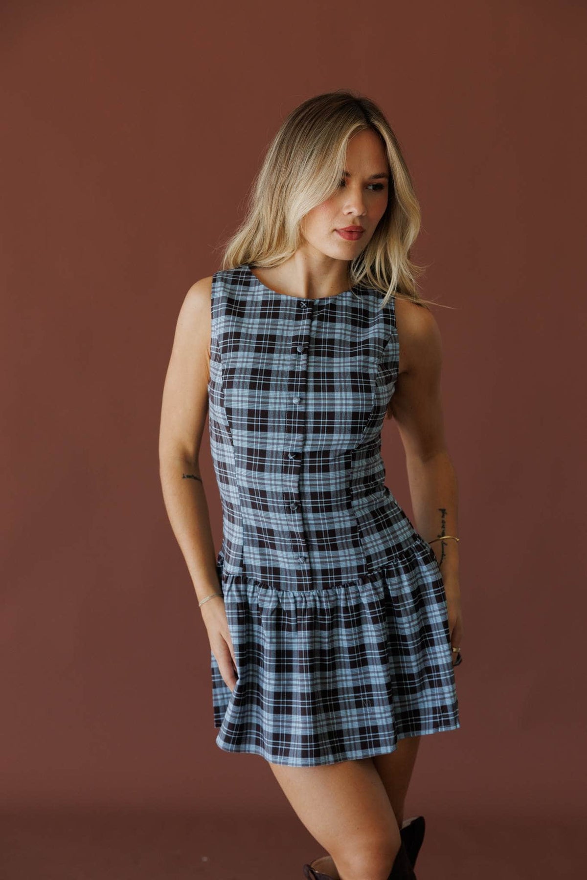 Blue check sleeveless drop waist mini dress