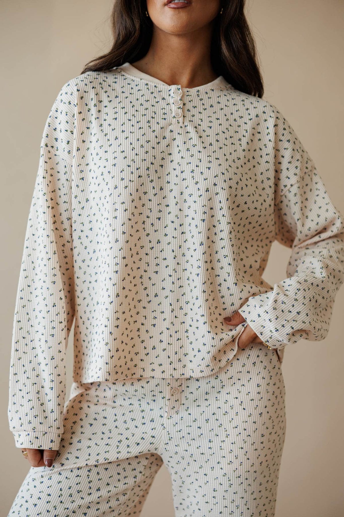 Cream ditsy floral henley top