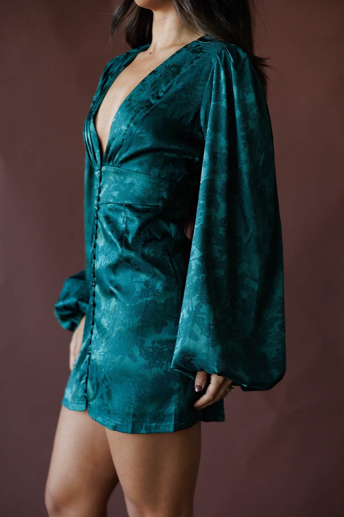 Emerald satin long sleeve mini dress