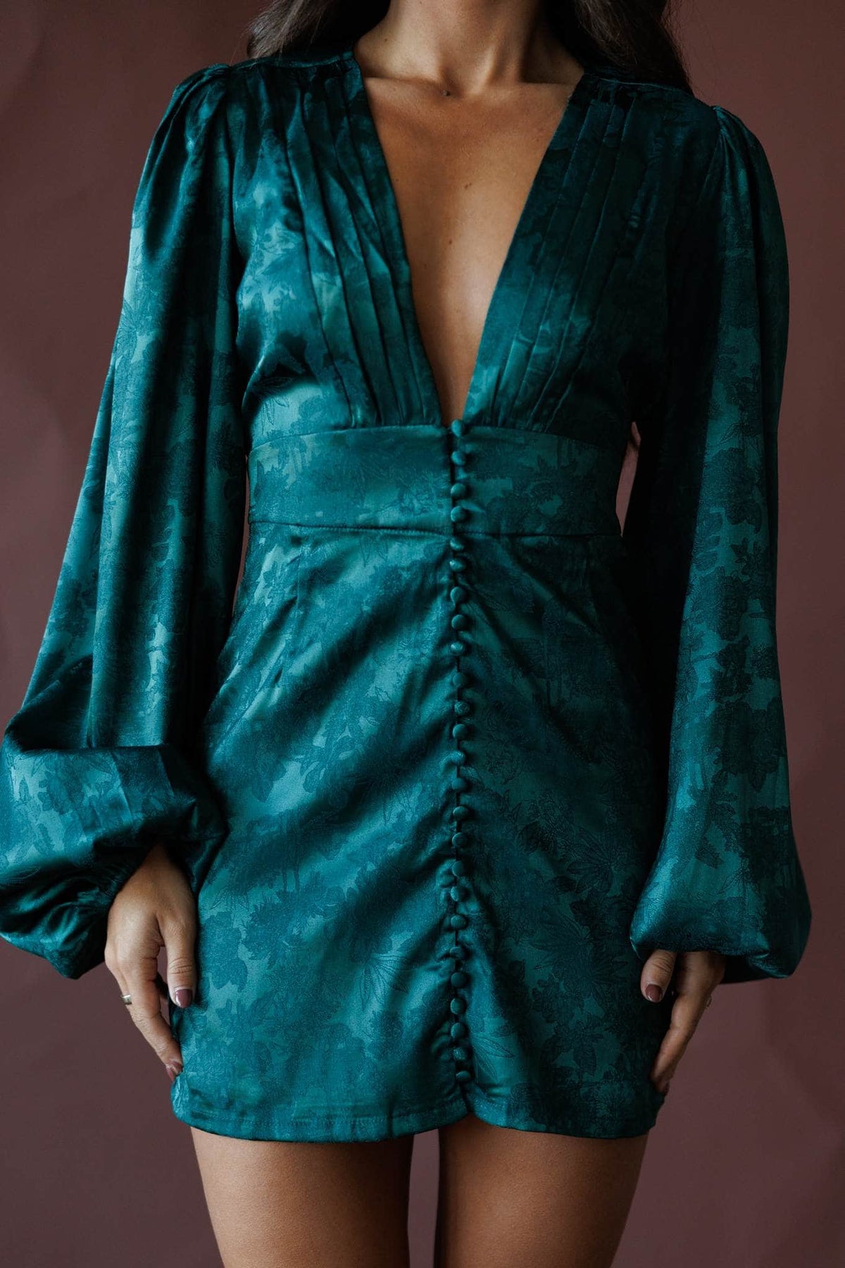 Emerald satin long sleeve mini dress