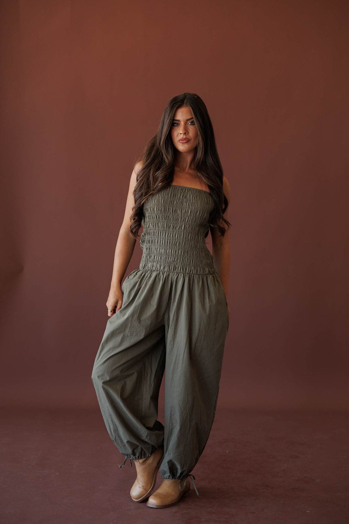 Evening Event Wide Leg Jumpsuit, in olive, full-length three-quarter view of the jumpsuit