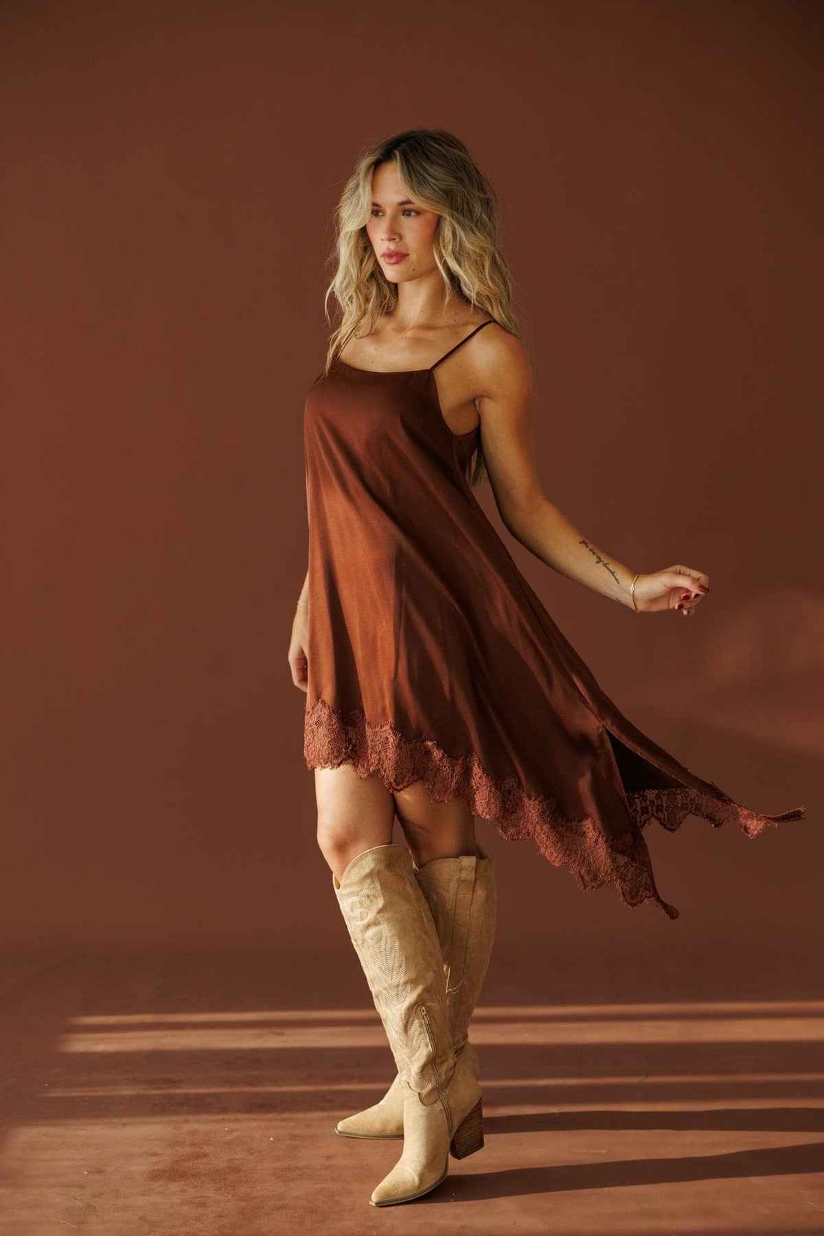 Evening Notes Lace Dress in brown, full-length view with cream western boots