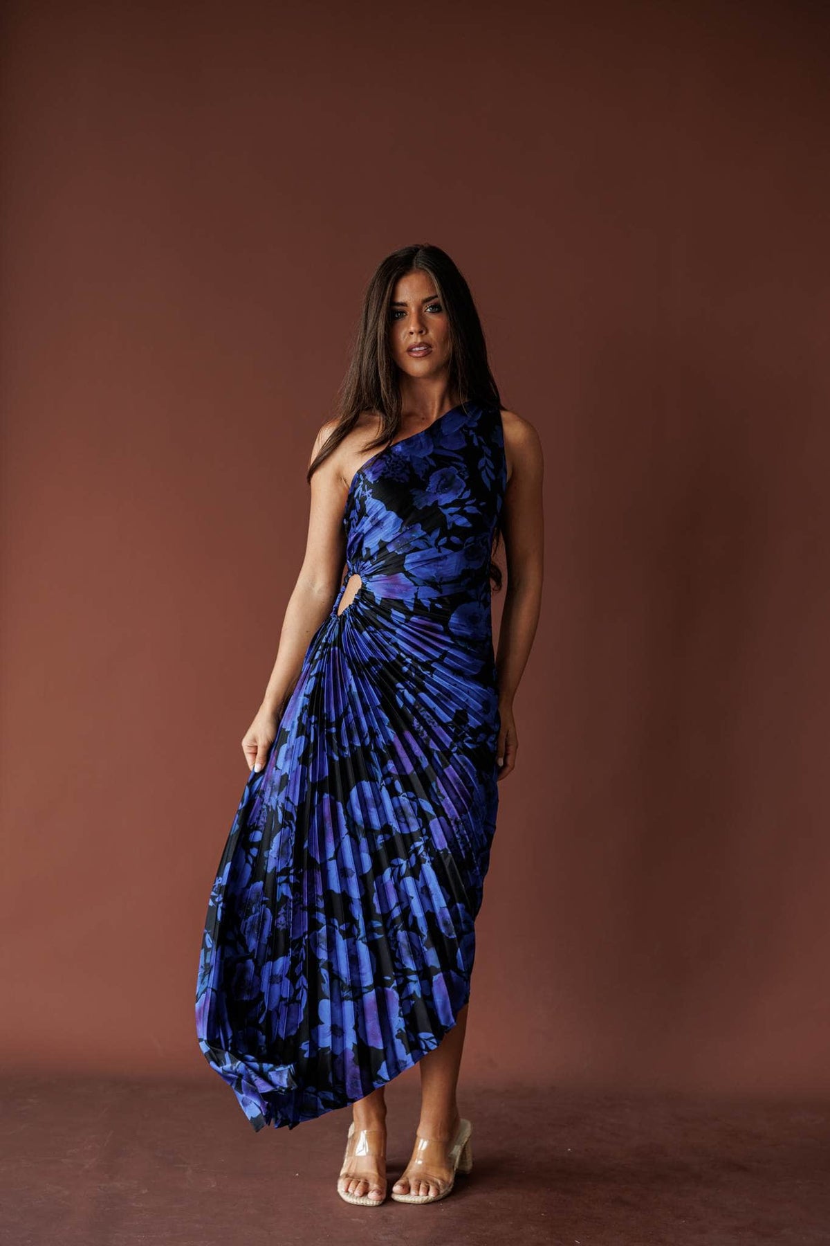 Midnight Bloom One Shoulder Maxi, in deep daphne, front view of the one shoulder neckline