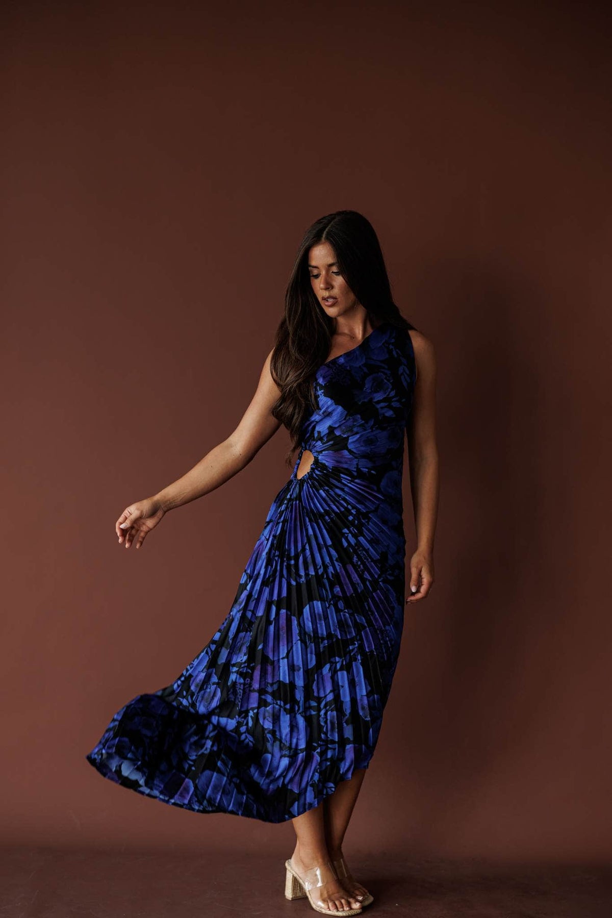 Midnight Bloom One Shoulder Maxi, in deep daphne, full-length front view of the one shoulder maxi
