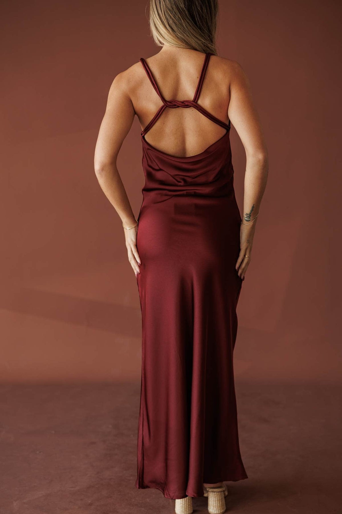 Cabernet Cowl Maxi Dress, in burgundy, close back view of the crossed straps