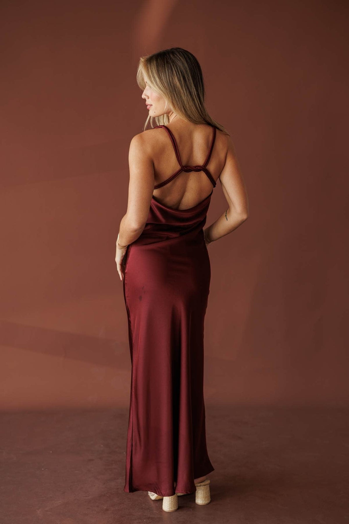 Cabernet Cowl Maxi Dress, in burgundy, back view of the strappy open back