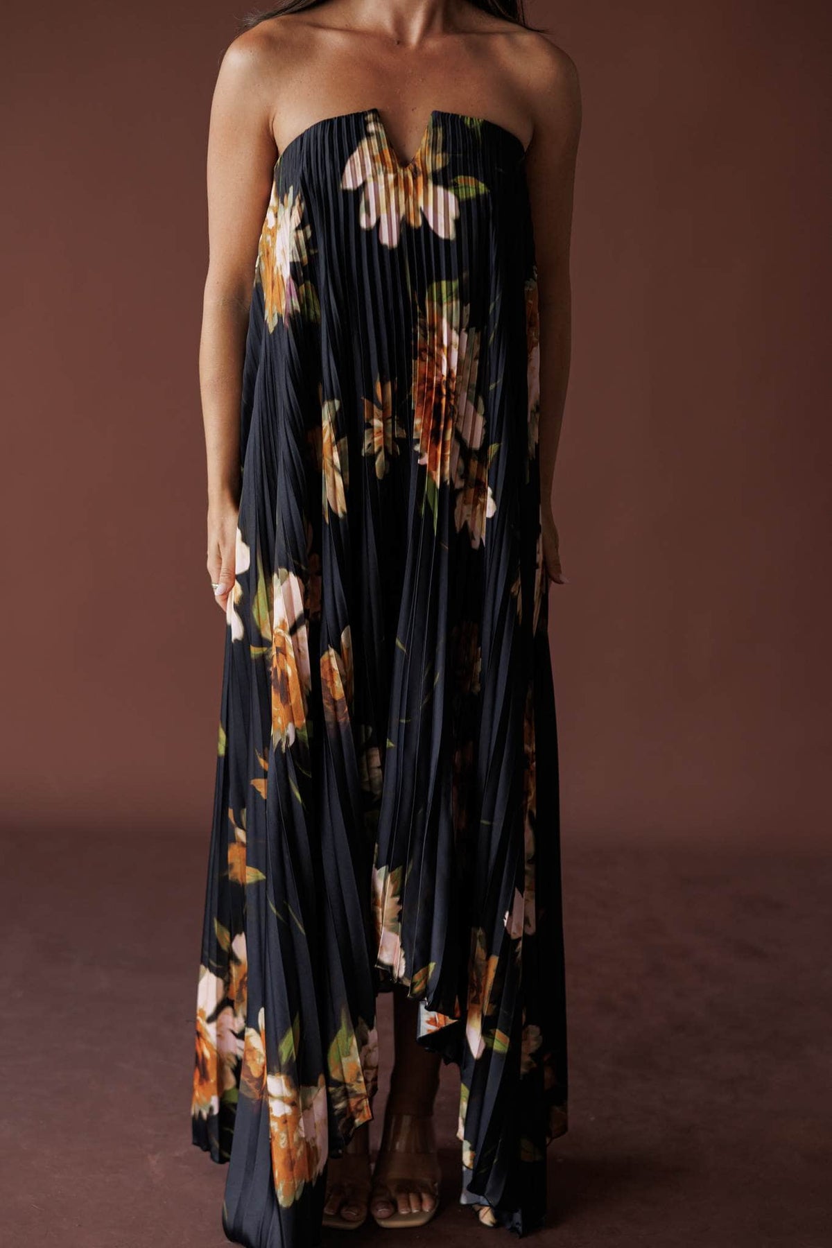 Nightfall Pleated Maxi Dress, in nightfall bloom, front view of the full pleated skirt