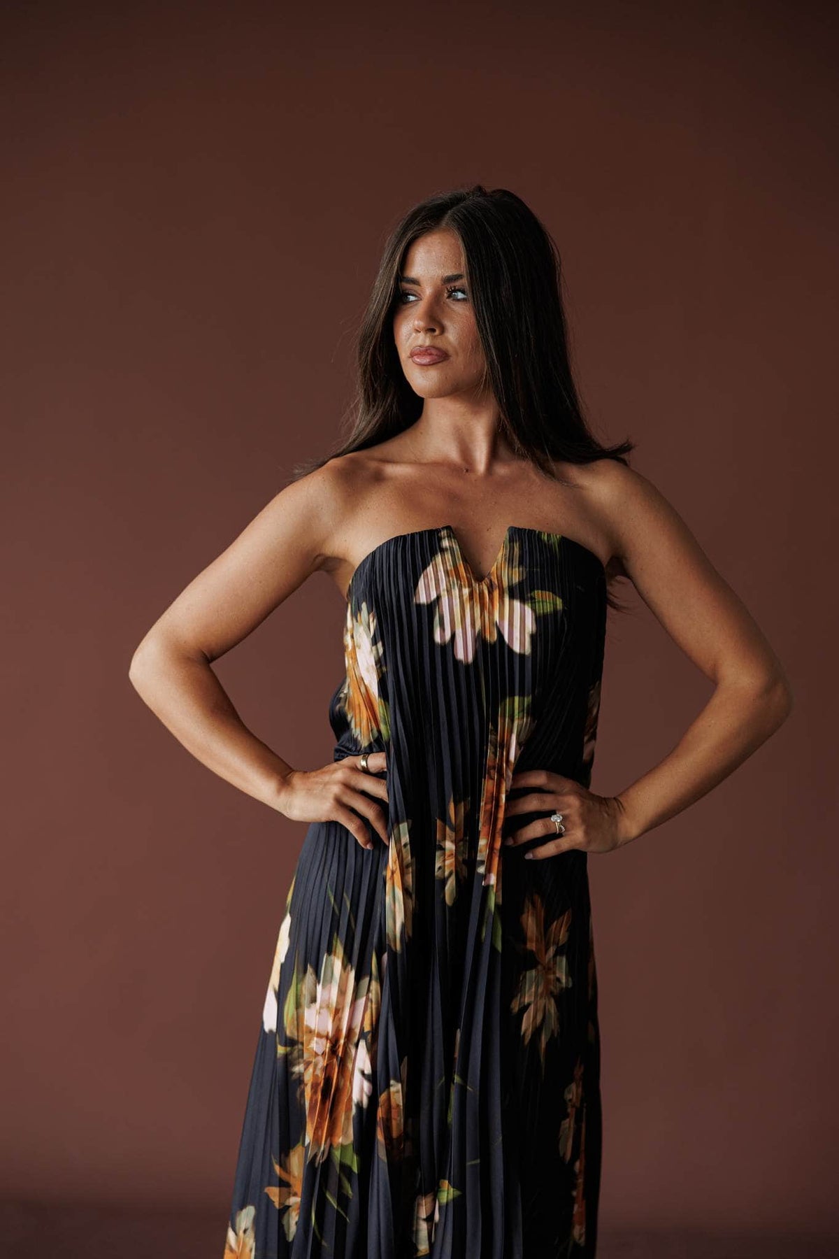 Nightfall Pleated Maxi Dress, in nightfall bloom, close front view of the pleated bodice