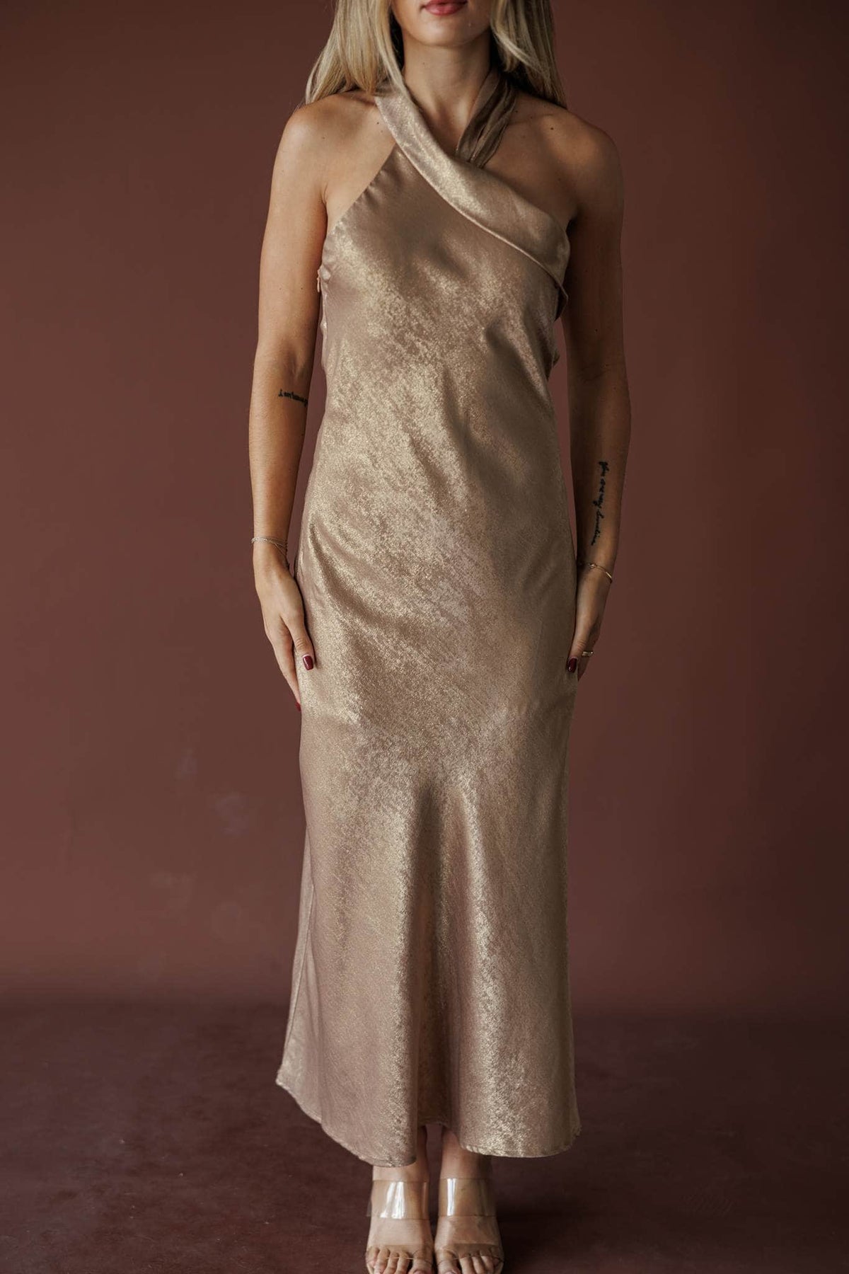 Bubbly Satin One Shoulder Maxi, in gold, front view of the draped satin bodice