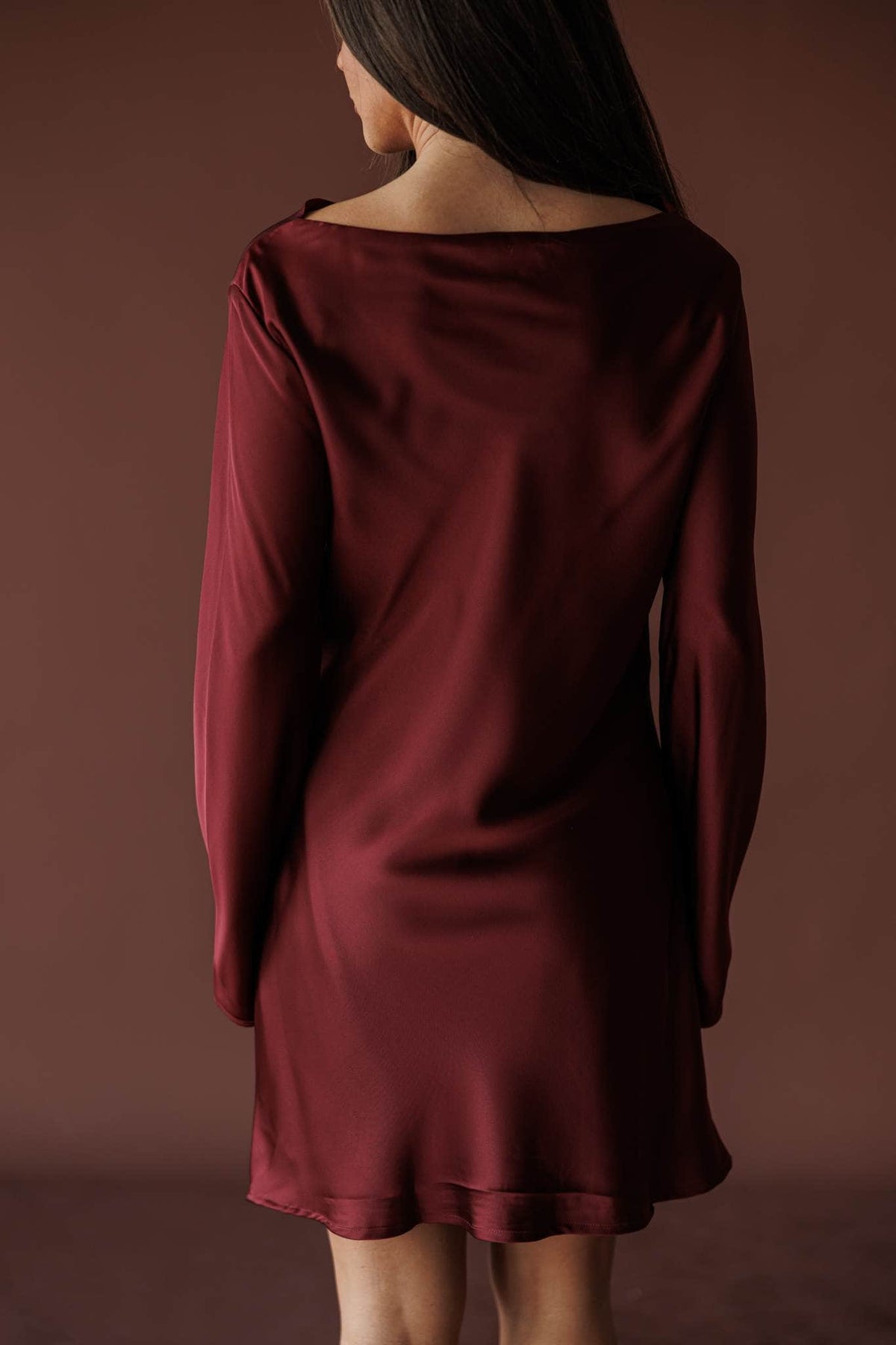 Wine Hour Cowl Mini Dress, in wine, back view of the cowl neck mini