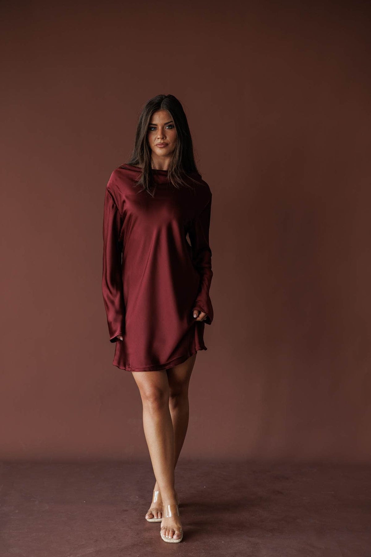Wine Hour Cowl Mini Dress, in wine, full-length front view of the mini dress