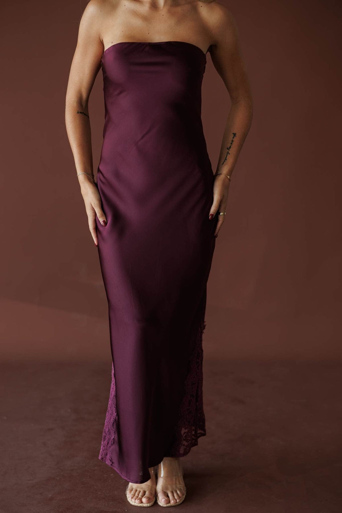 Aubergine Strapless Maxi, in deep plum, close front view of the strapless bodice