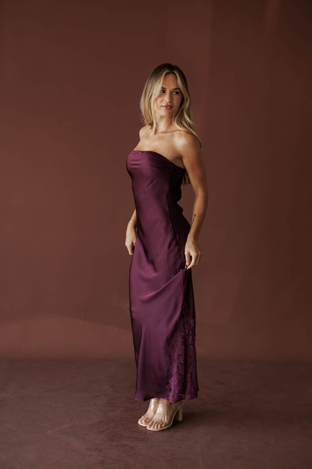 Aubergine Strapless Maxi, in deep plum, full-length front view of the strapless maxi