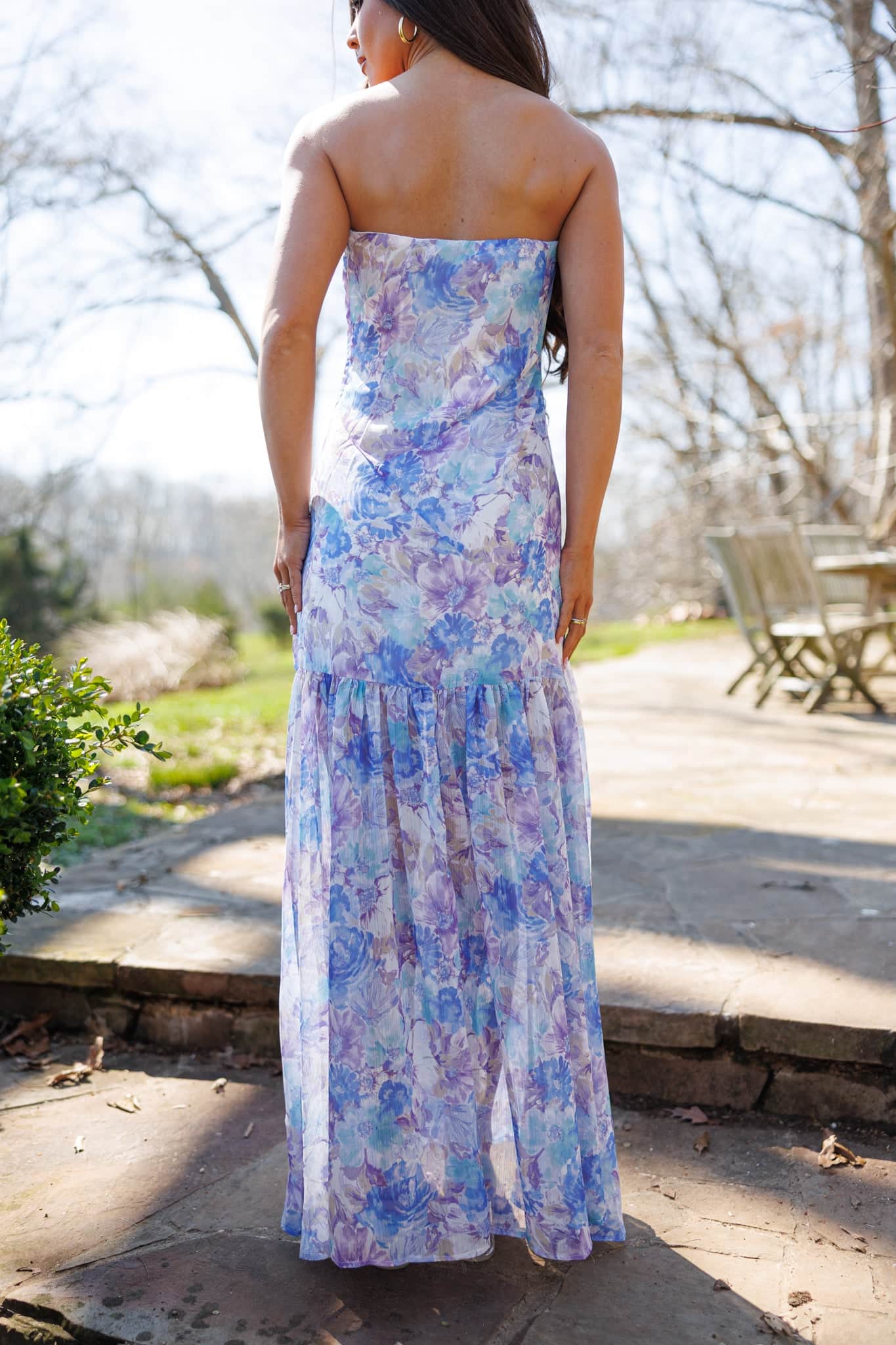Trendy, Chic Women's Clothing Boutique Promesa Women's Blue Maxi Dress, Polyester, Strapless Floral Print for Female Lane 201